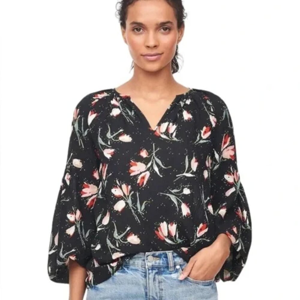 Rebecca Taylor Ikat Floral Tulip Print Silk Long Sleeve Blouse Black